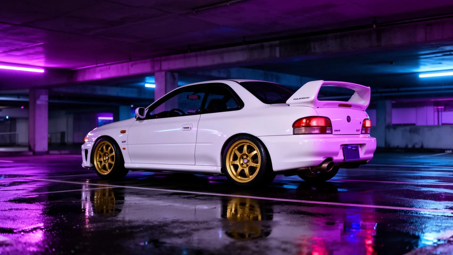 Neon-lit tinted car in a Portland parking garage